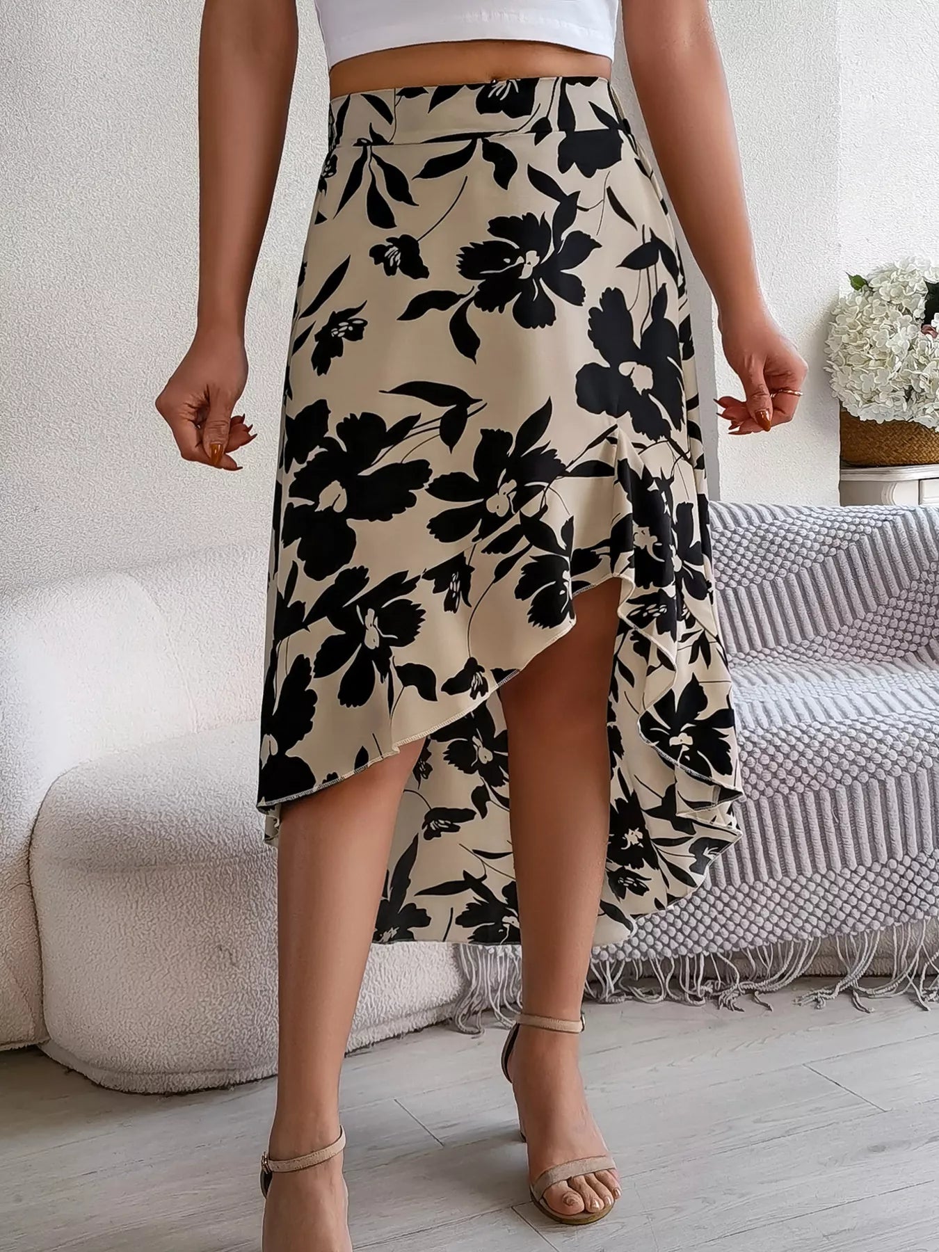 Floral Ruffle Hem Asymmetrical Skirt