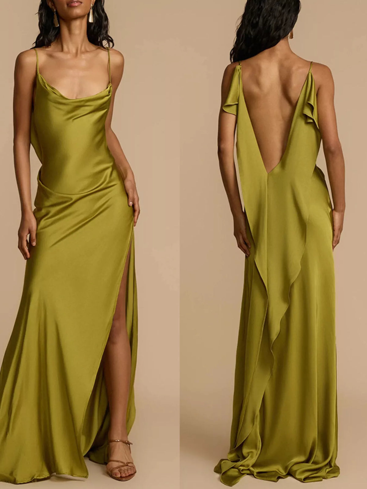 Satin Cowl Neck Slit Maxi Dress in Matcha in Matcha Color