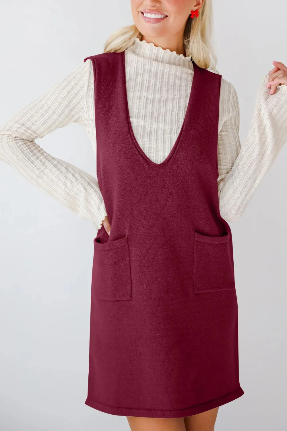 Pocketed V-Neck Sweater Overall Dress