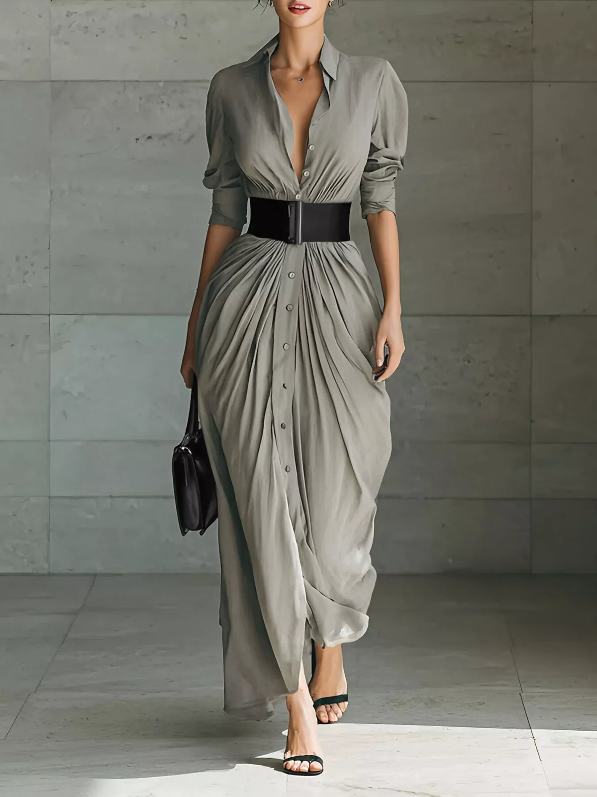Ruched Button-Front Shirt Maxi Dress