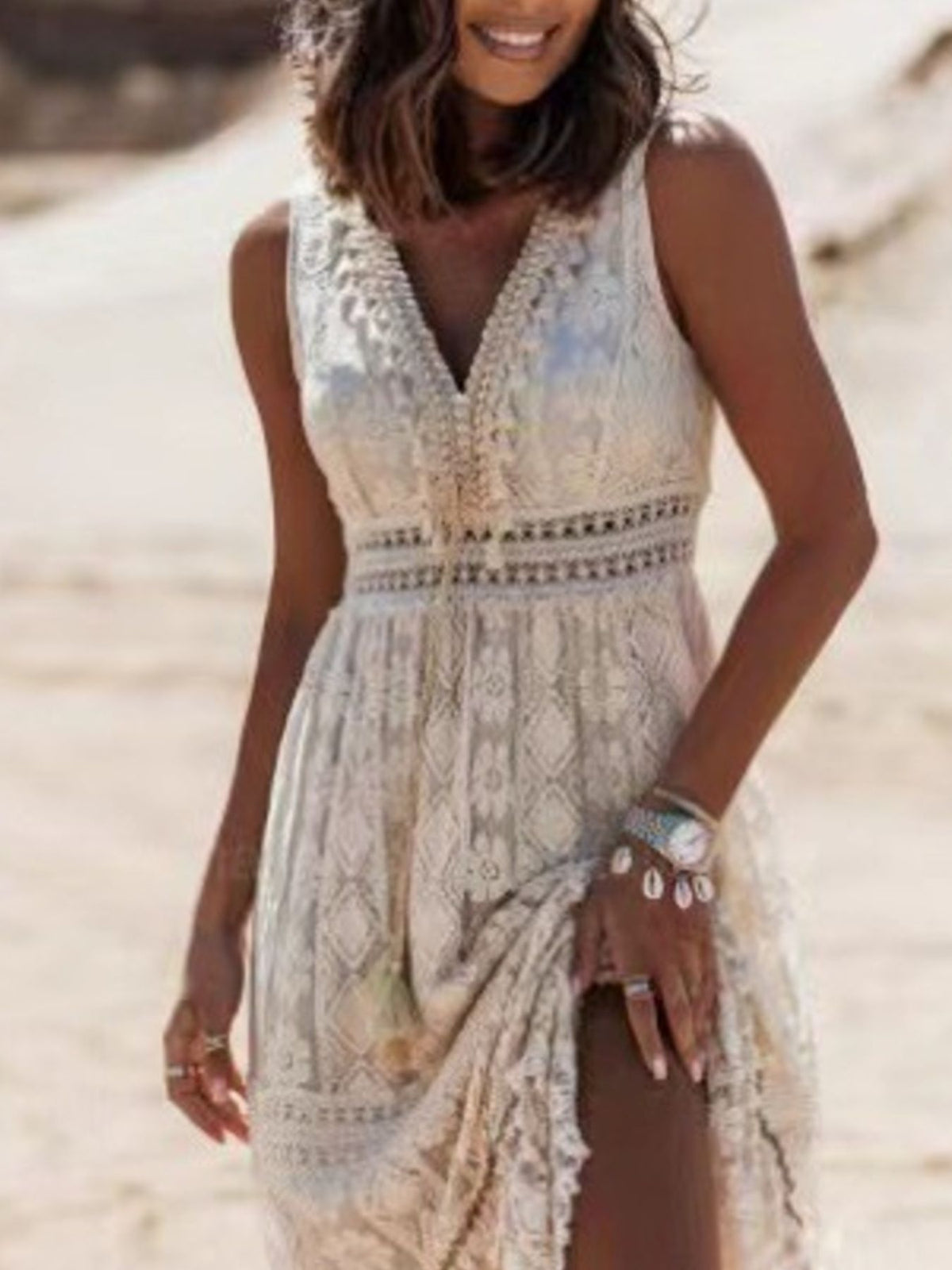 Tasseled Lace V-Neck Maxi Dress