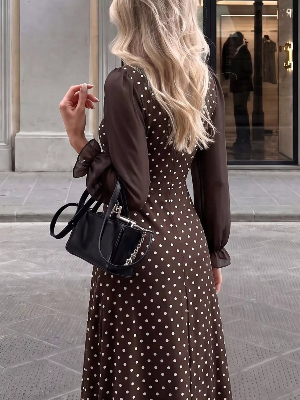 Polka Dot Square Neck Maxi Dress in Brown