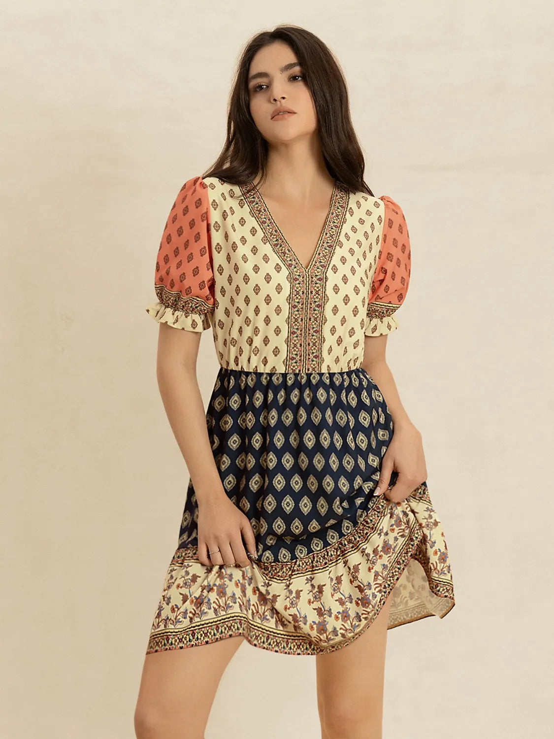 Printed V-Neck Ruched Dress in Tan