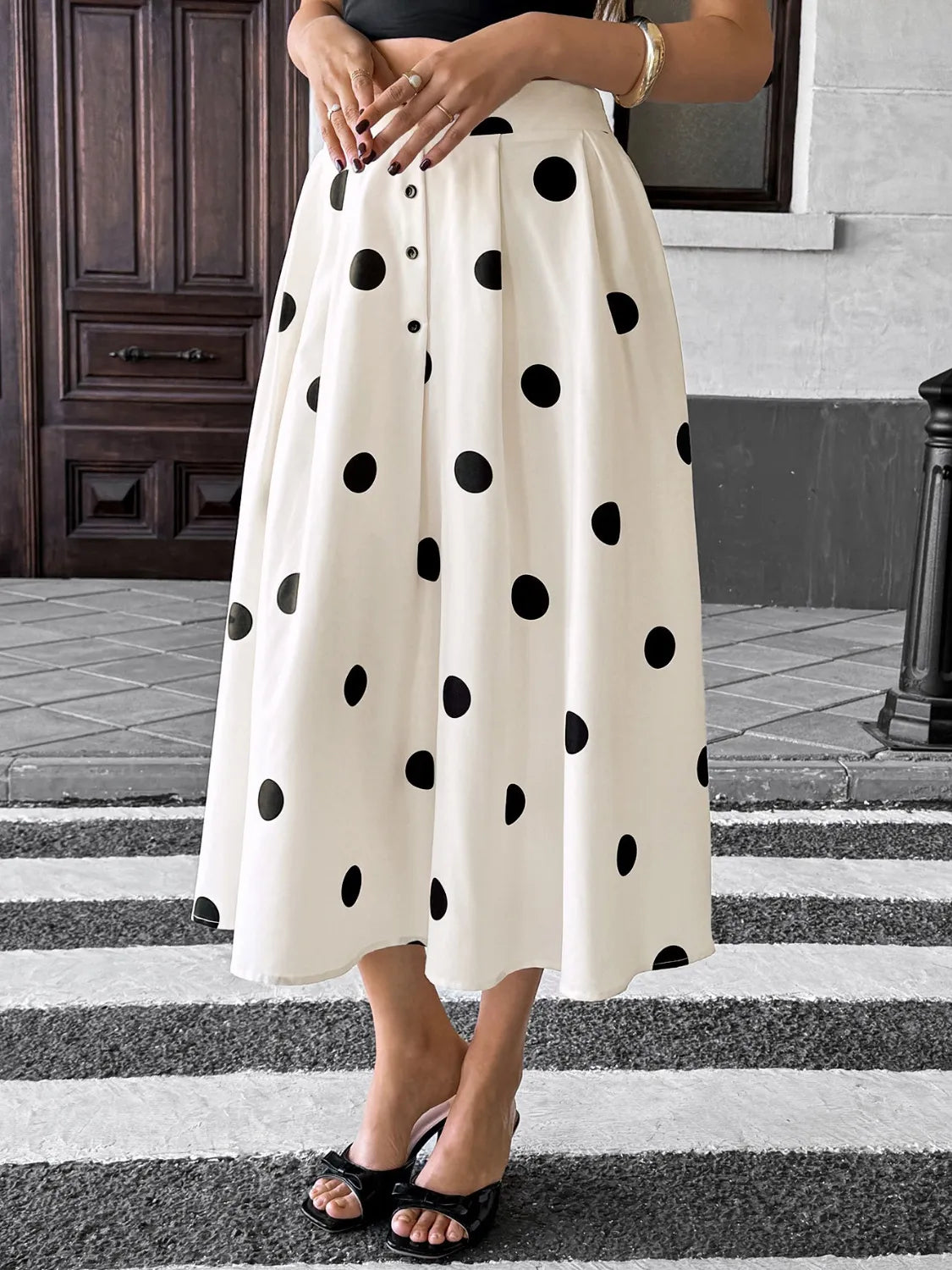Polka Dot Button Skirt in Cream