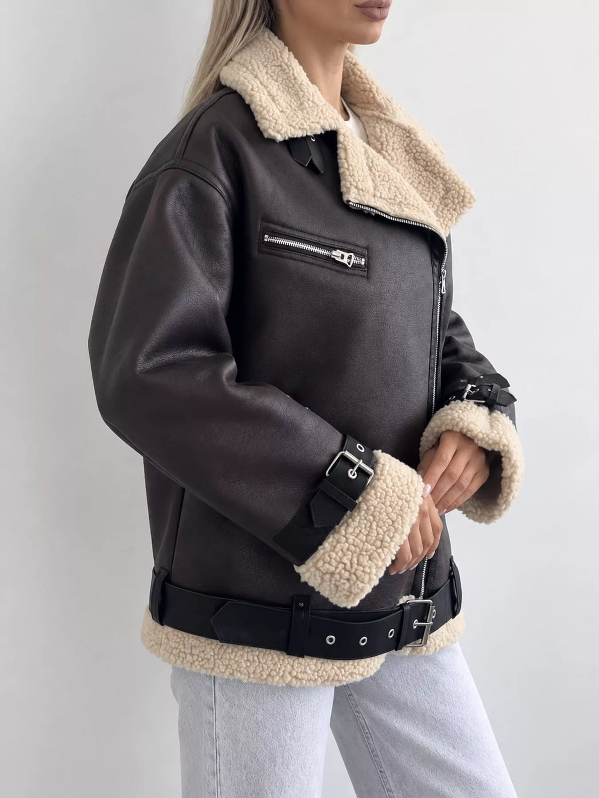 Faux Leather Zip-Up Jacket in Dark Brown