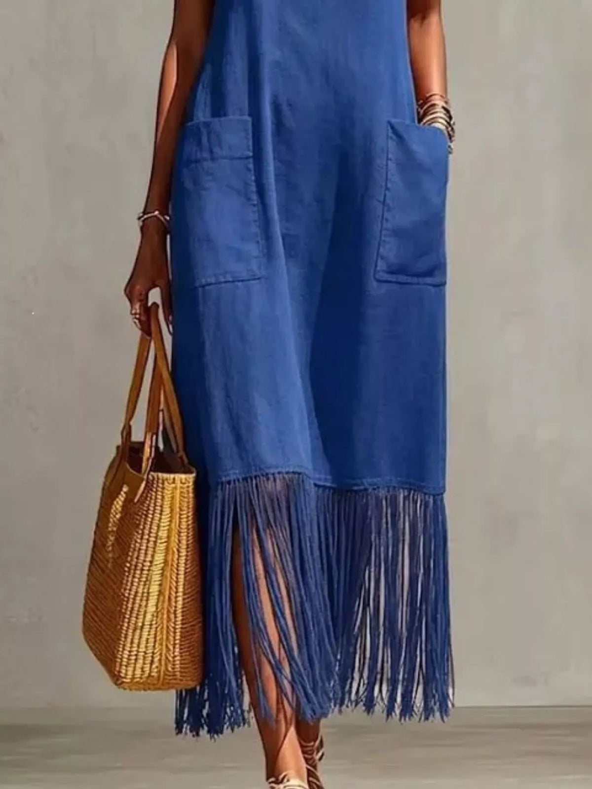 Fringe V-Neck Spaghetti Strap Dress in Blue