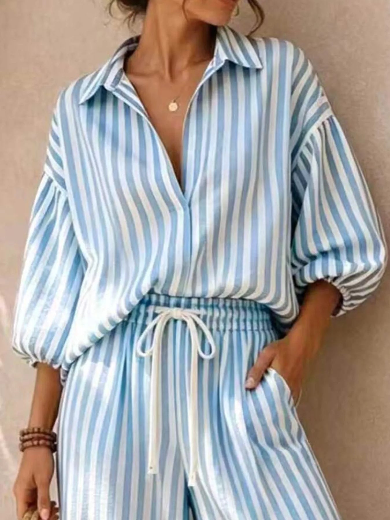 Striped Puff-Sleeve Top and Wide-Leg Pants Set