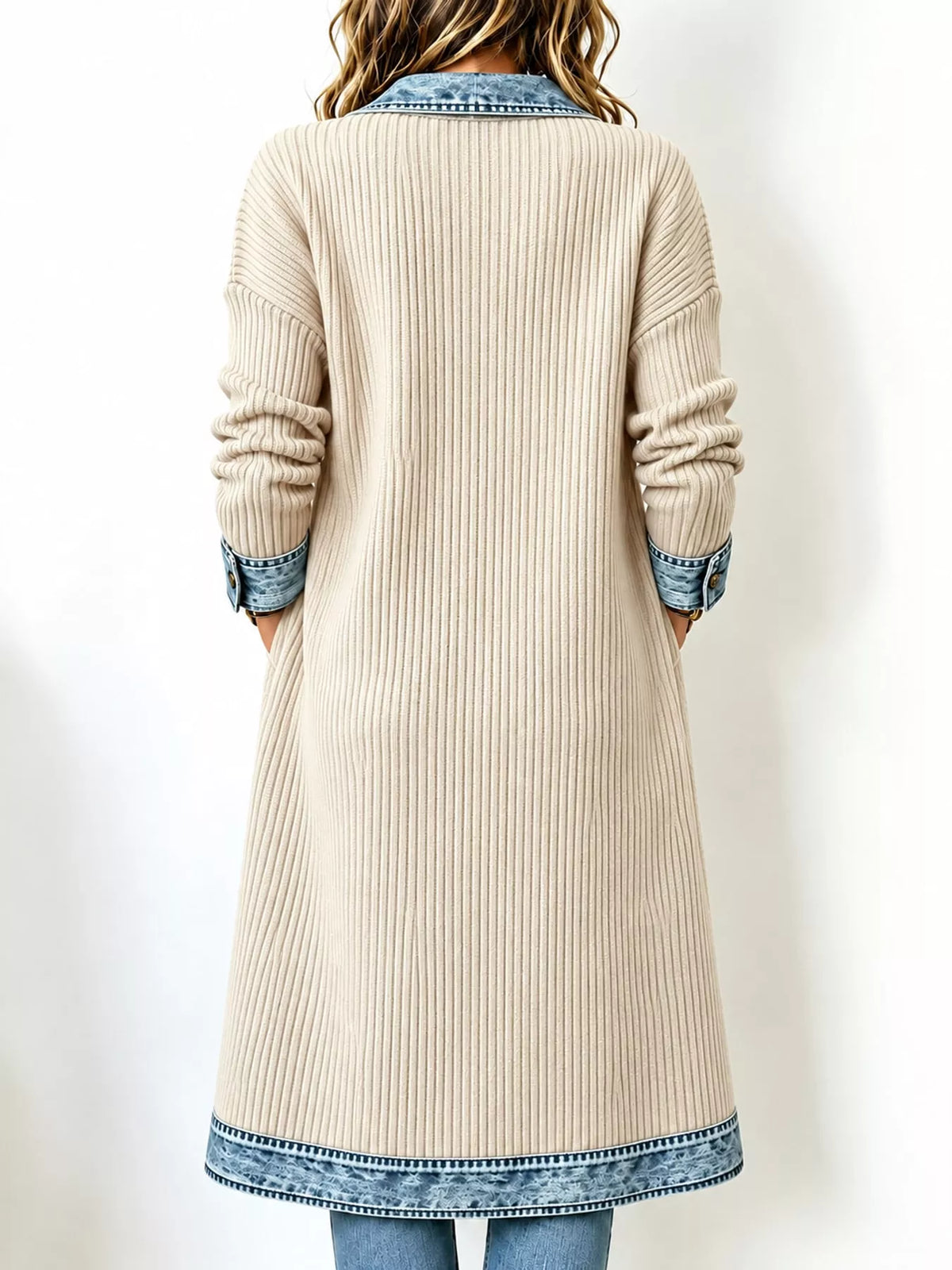 Denim-Trimmed Longline Cardigan