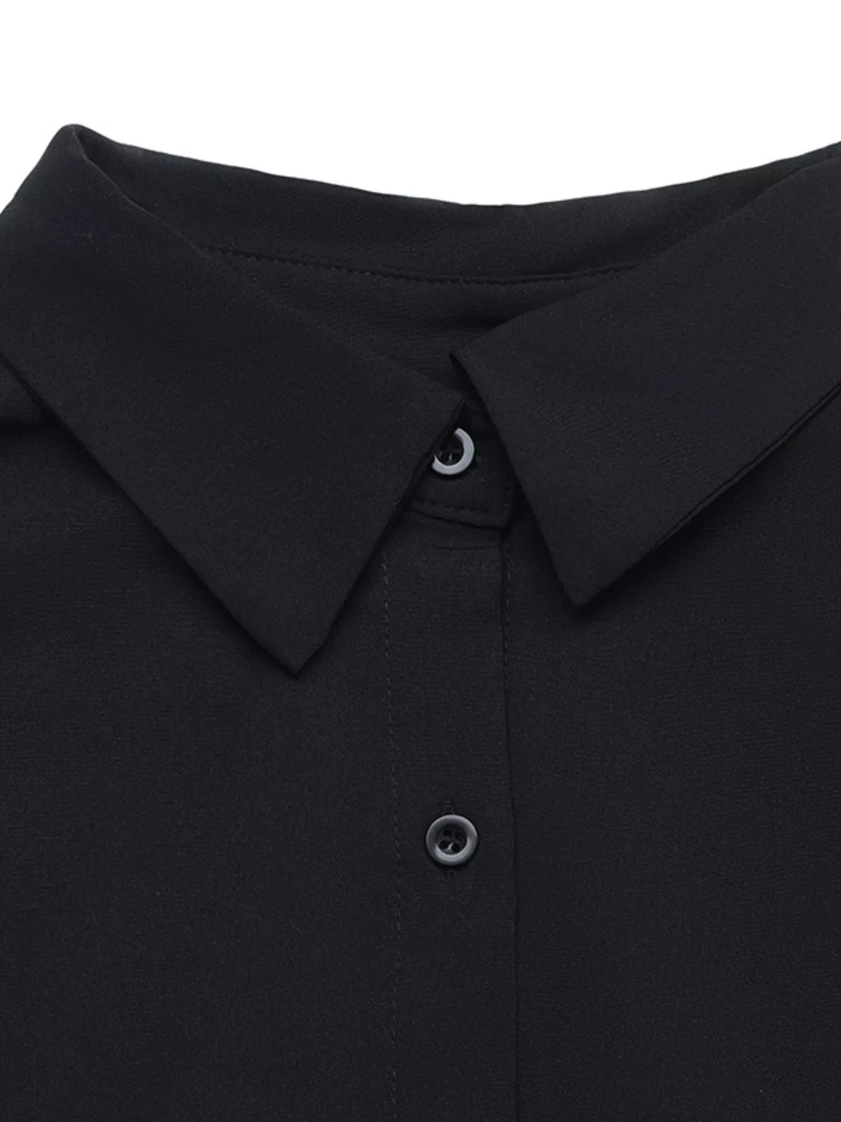 Button-Front Flounce-Sleeve Shirt Dress in Black