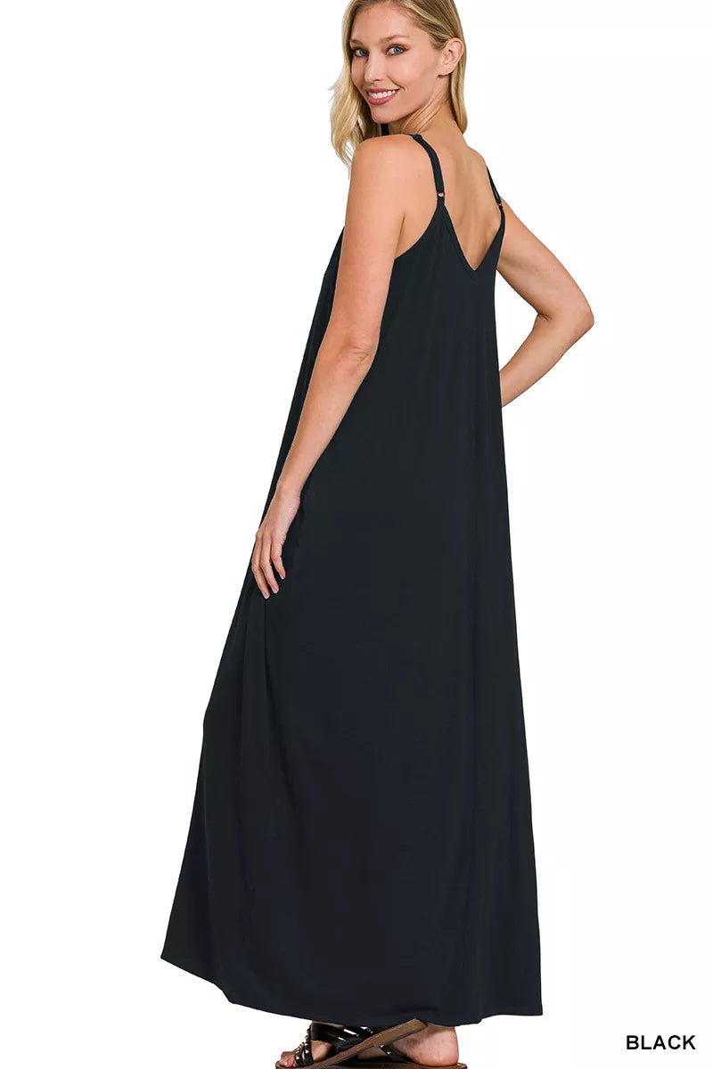 Zenana V-Neck Cami Maxi Dress in Black