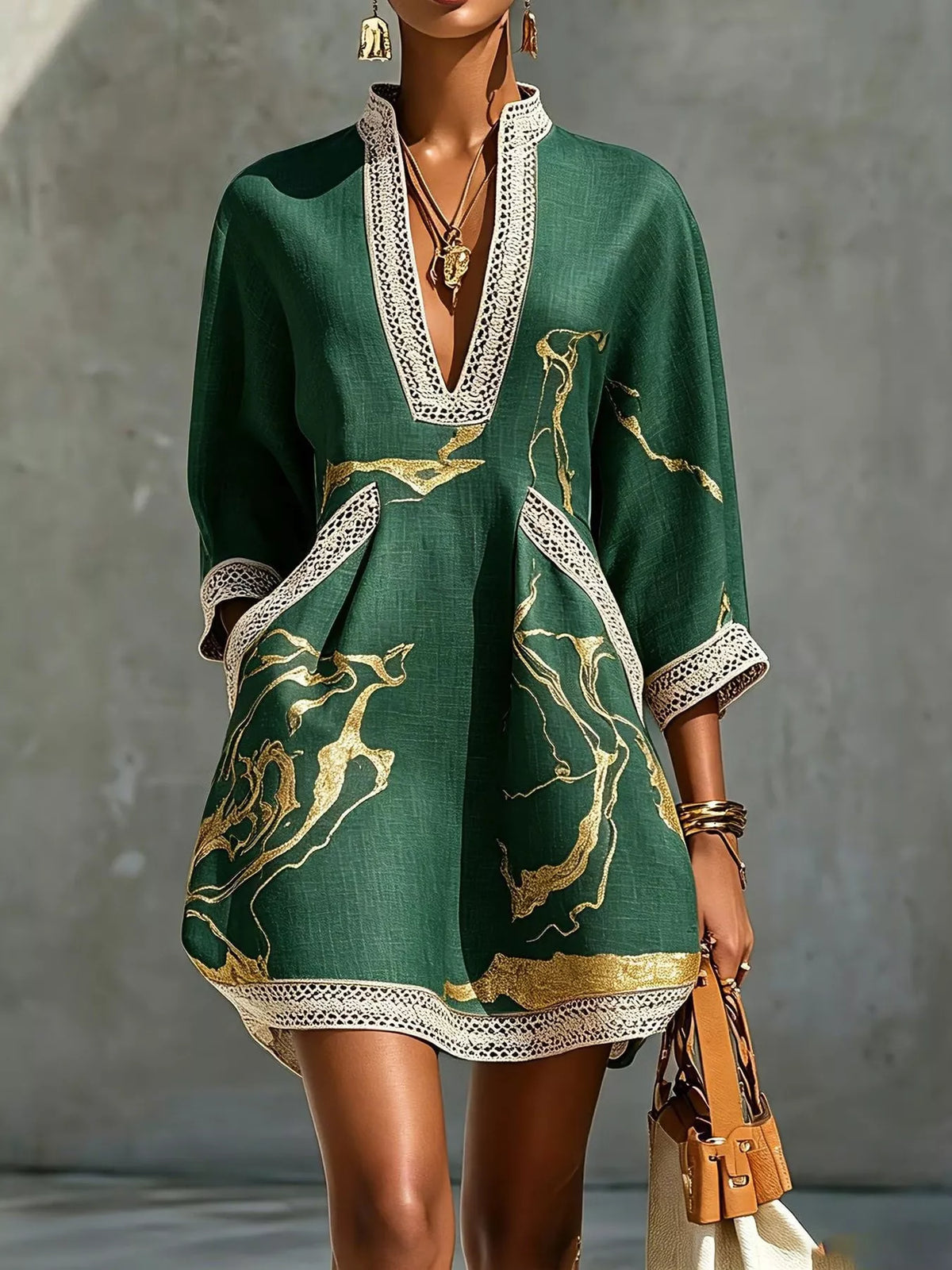 Notched 3/4 Sleeve Lace Mini Dress