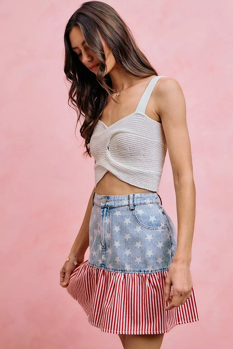 So Me Stars and Stripes Denim Mini Skirt in Blue and Red in Blue/red