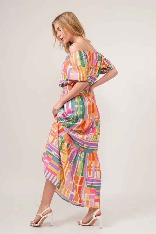 And The Why Geo Print Puff Sleeve Crop Top in Multi