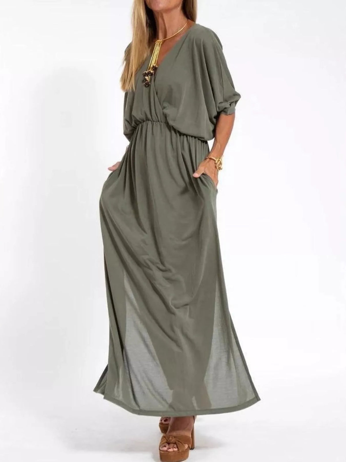 V-Neck Batwing Sleeve Maxi Dress with Pockets