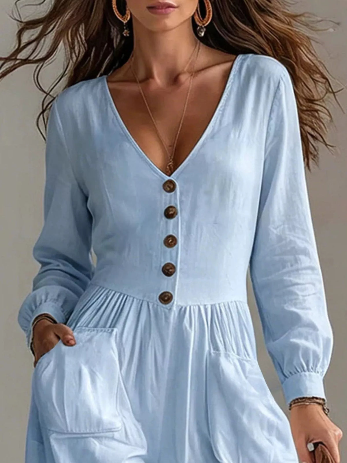 V-Neck Button Front Wide-Leg Jumpsuit