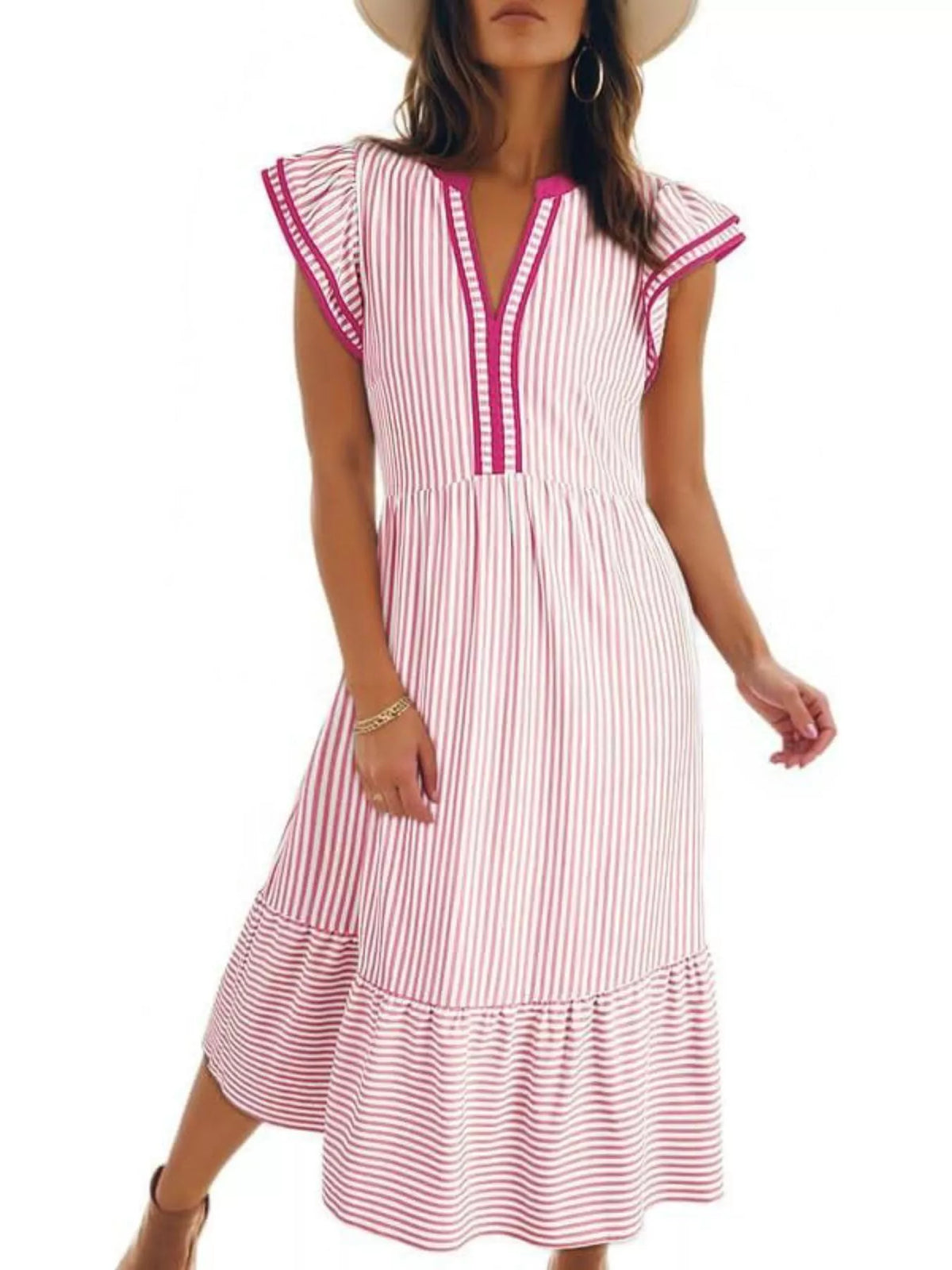 Striped Ruffle Sleeve Midi Dress with Pockets