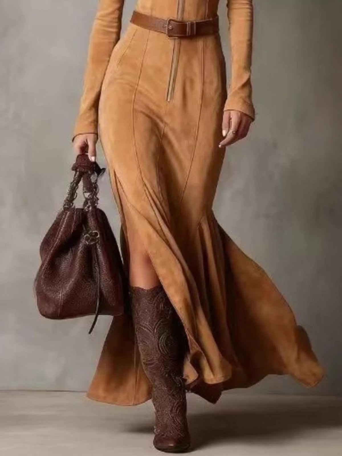 Zip Front Belted Slit Long Sleeve Dress
