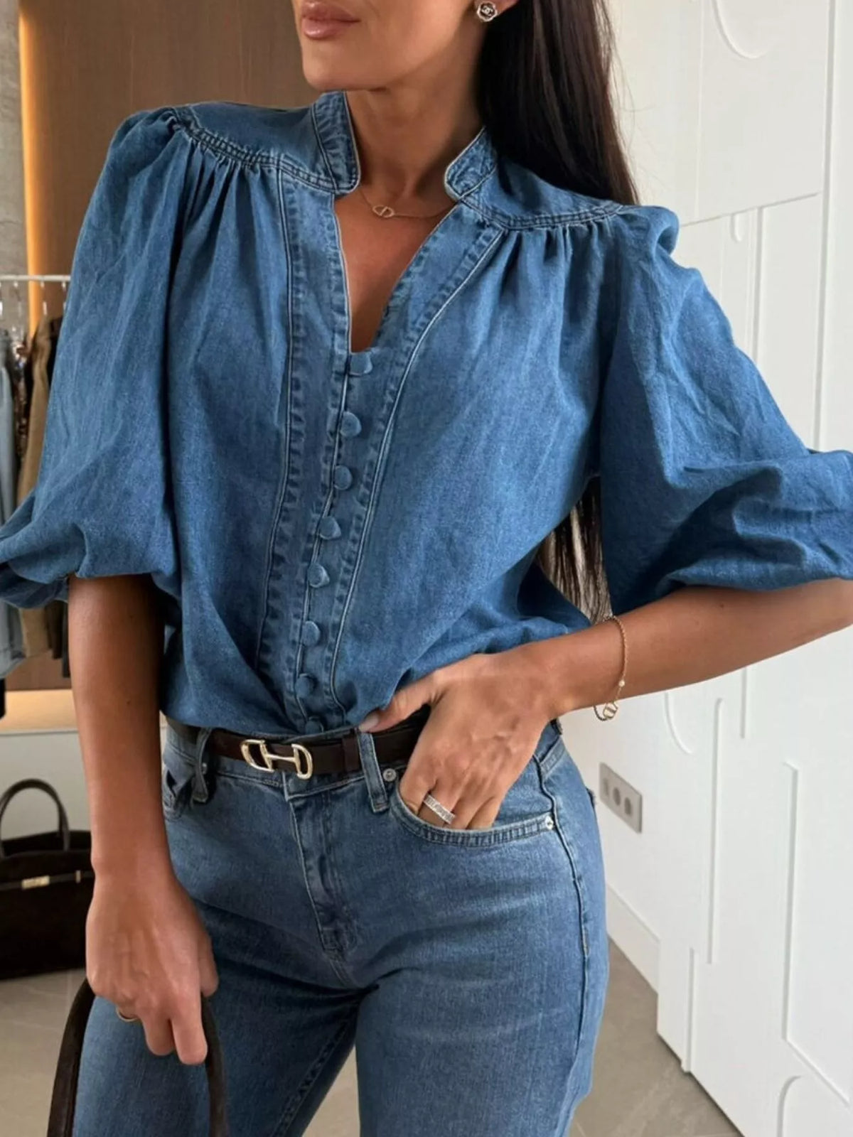 Puff Sleeve Button-Front Denim Top
