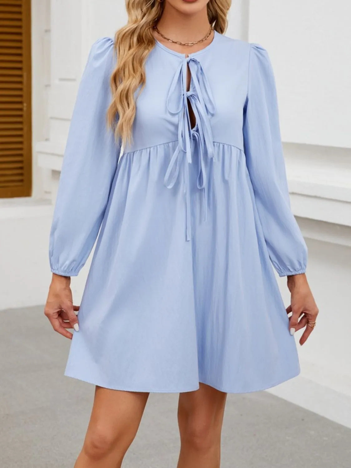 Tie Front Long Sleeve Mini Dress by Gen Beauty