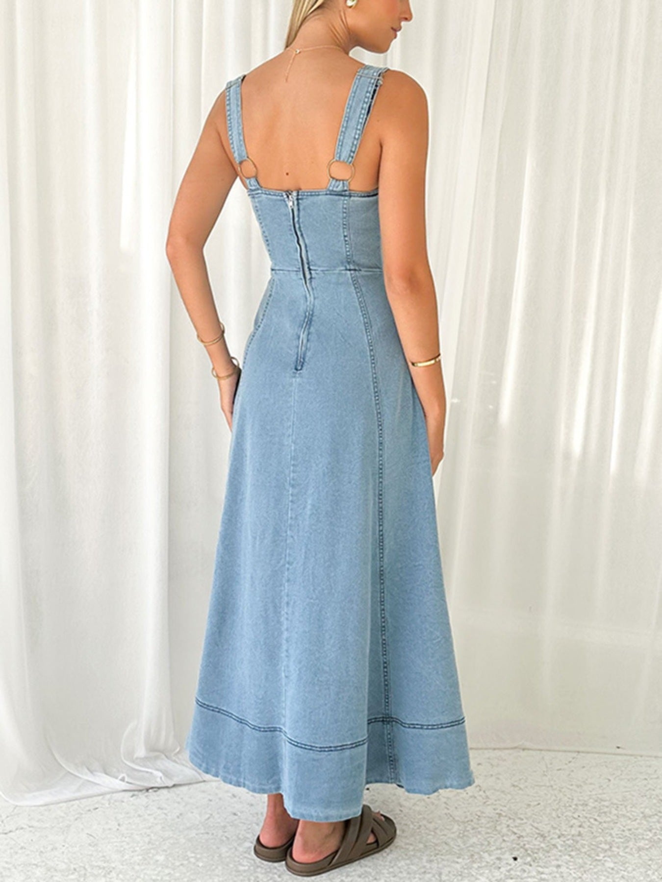 Decorative Button Front A-Line Denim Dress in Light Blue