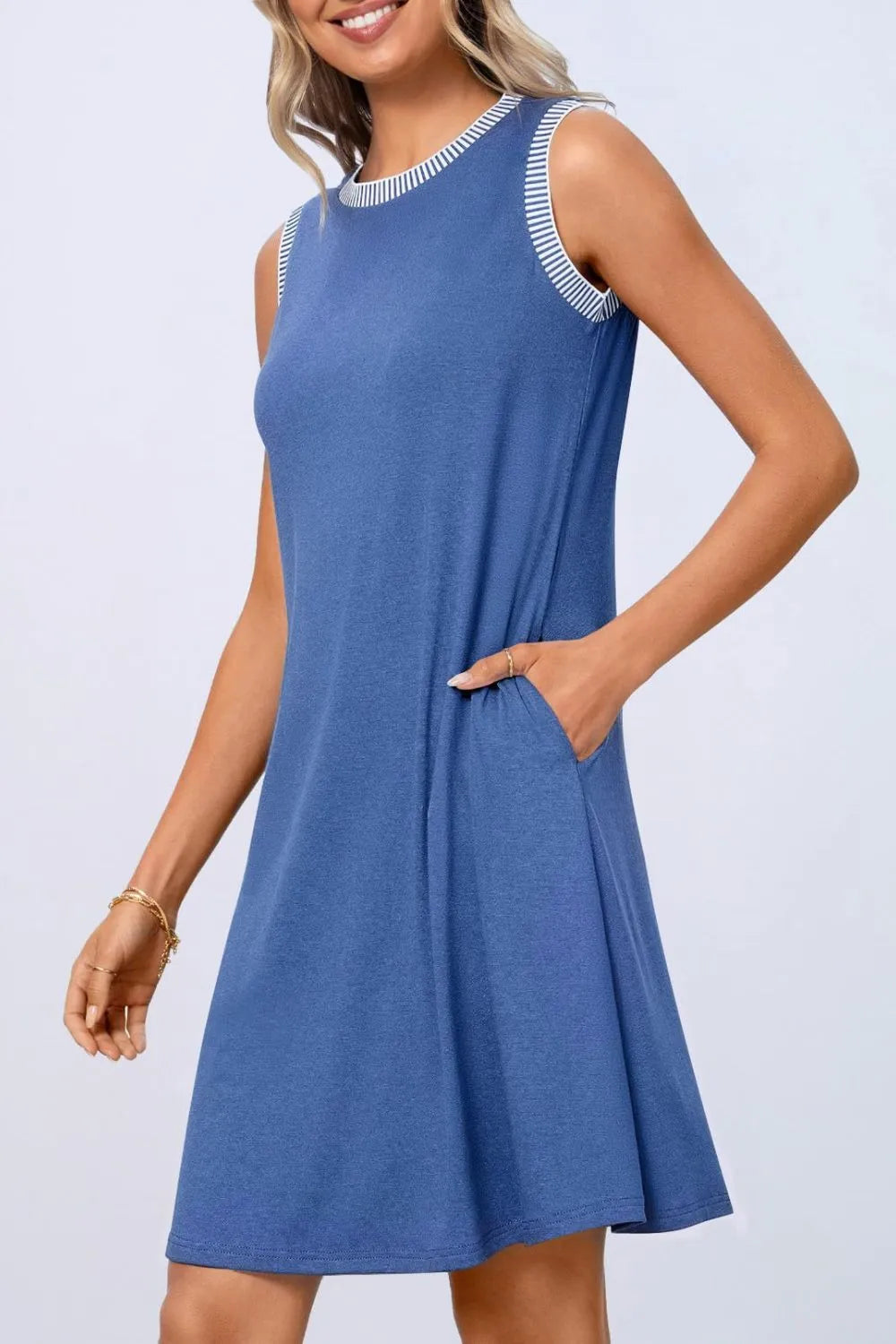 Round Neck Sleeveless Tank Dress with Pockets