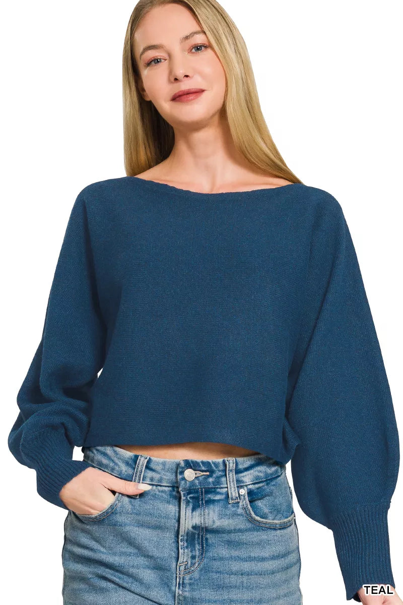 Zenana Boat Neck Balloon Sleeve Sweater in Teal