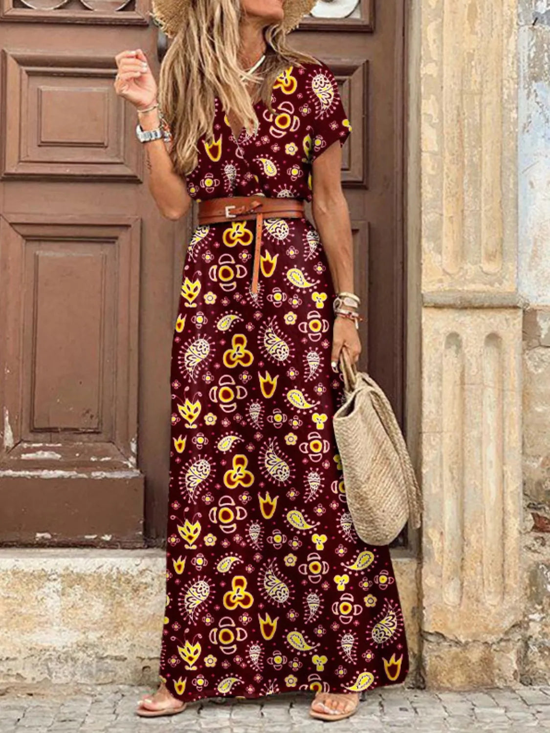 Belted V-Neck Maxi Dress with Pockets