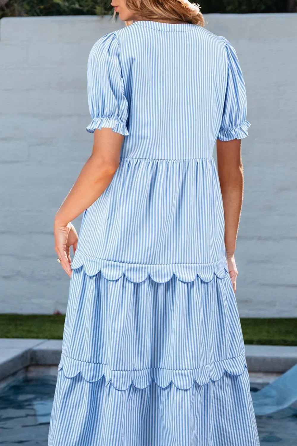 Striped Scallop Tiered Midi Dress in Light Blue