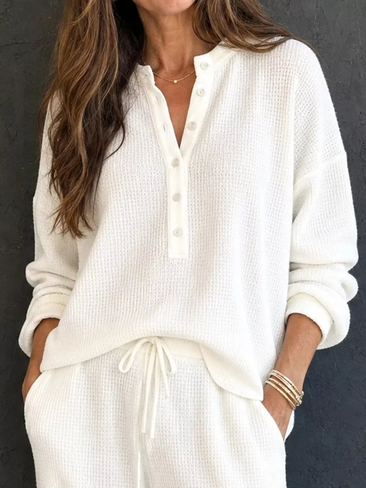 Waffle Knit Button Detail Top and Pants Set