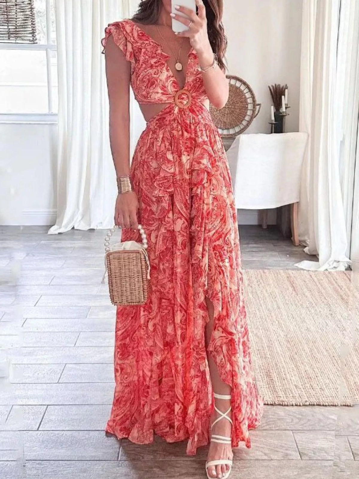 Ruffled Cutout V-Neck Maxi Dress