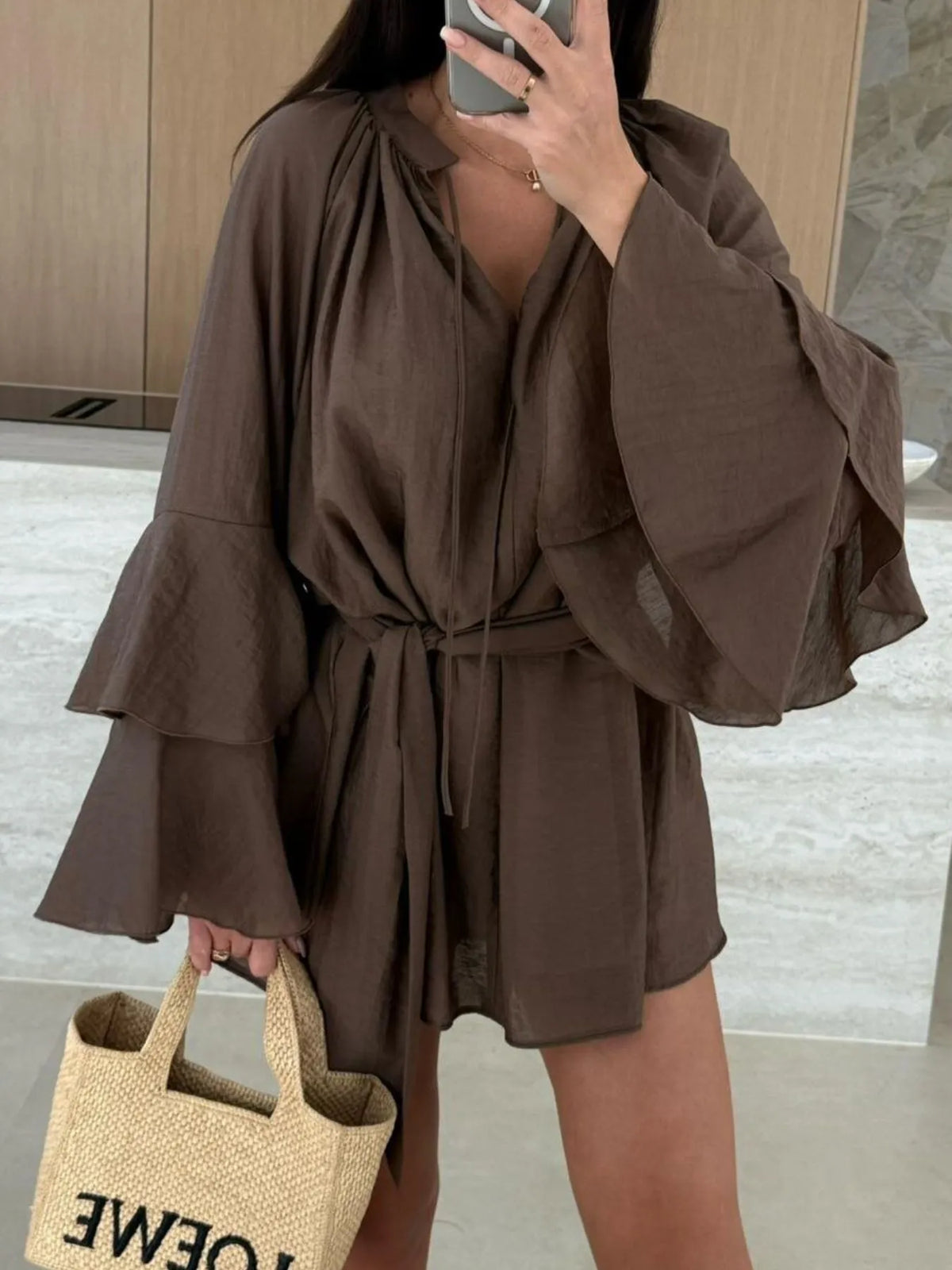 Bell Sleeve Tie-Waist Mini Shirt Dress