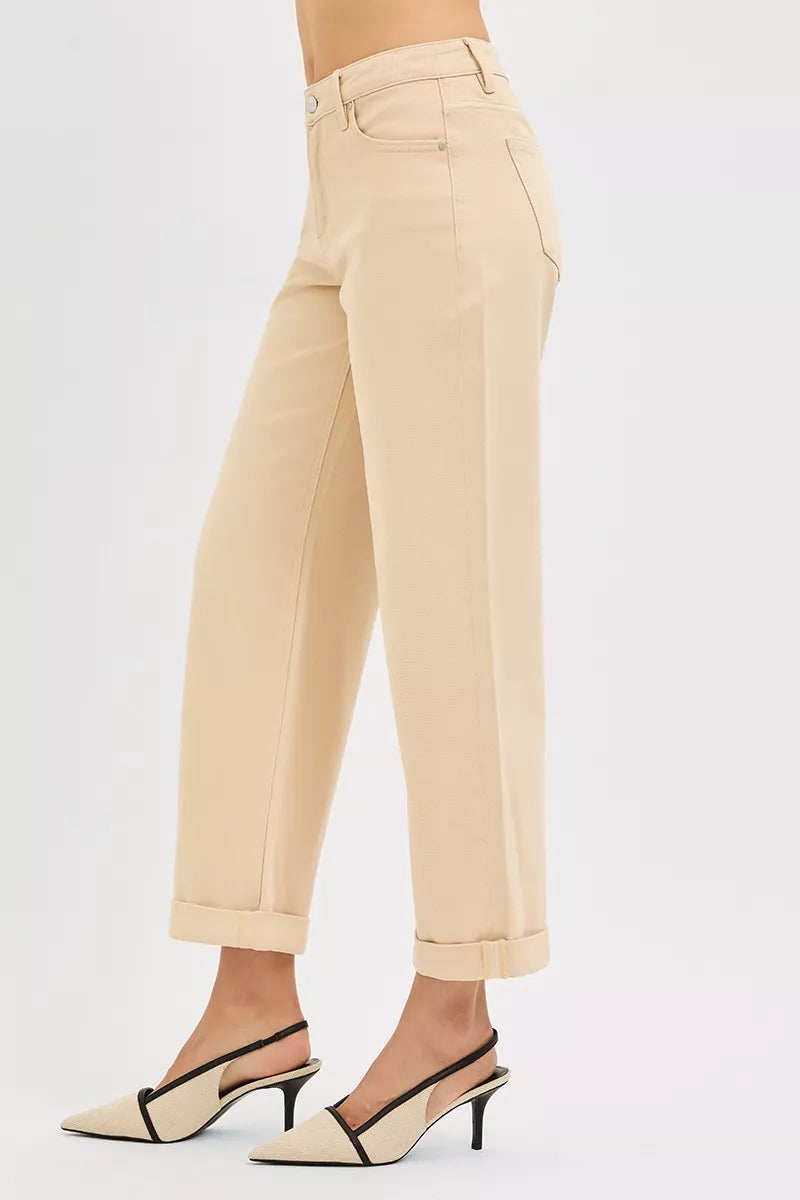 Risen Mid Rise Ankle Barrel Jeans in Butter Milk