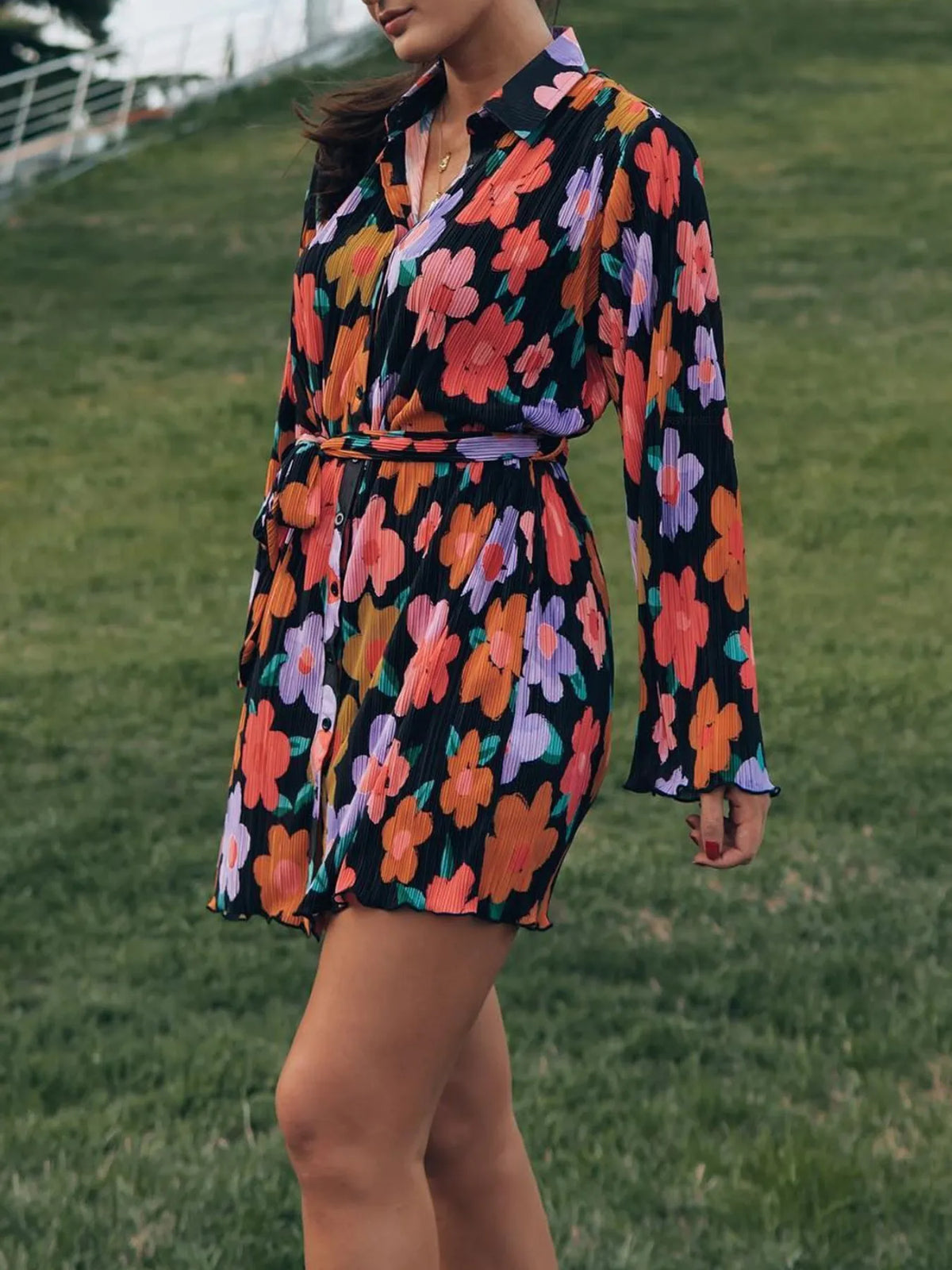 Printed Long-Sleeve Button-Front Mini Dress