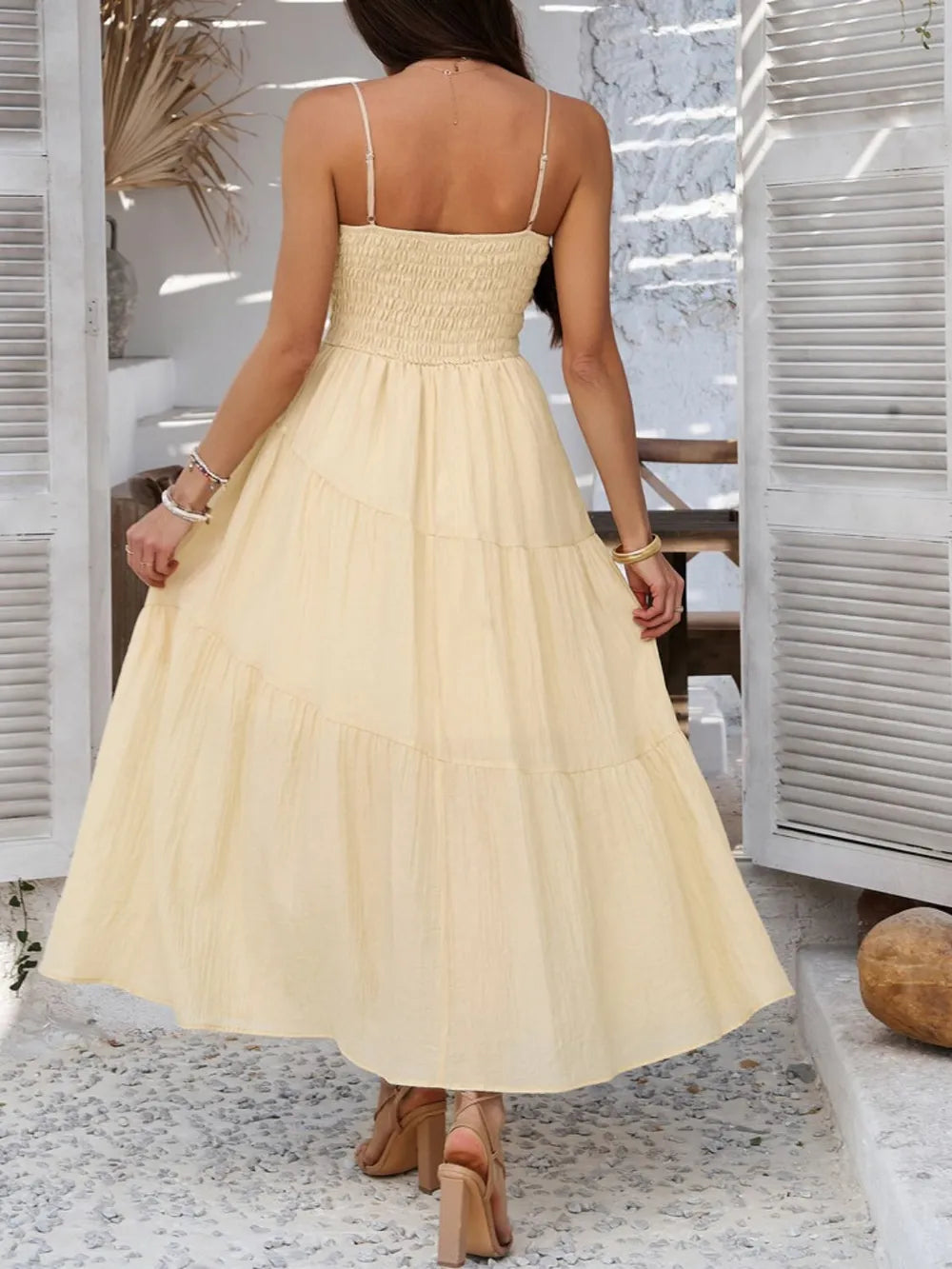 Smocked Tiered Lyocell Cami Dress in Pastel Yellow