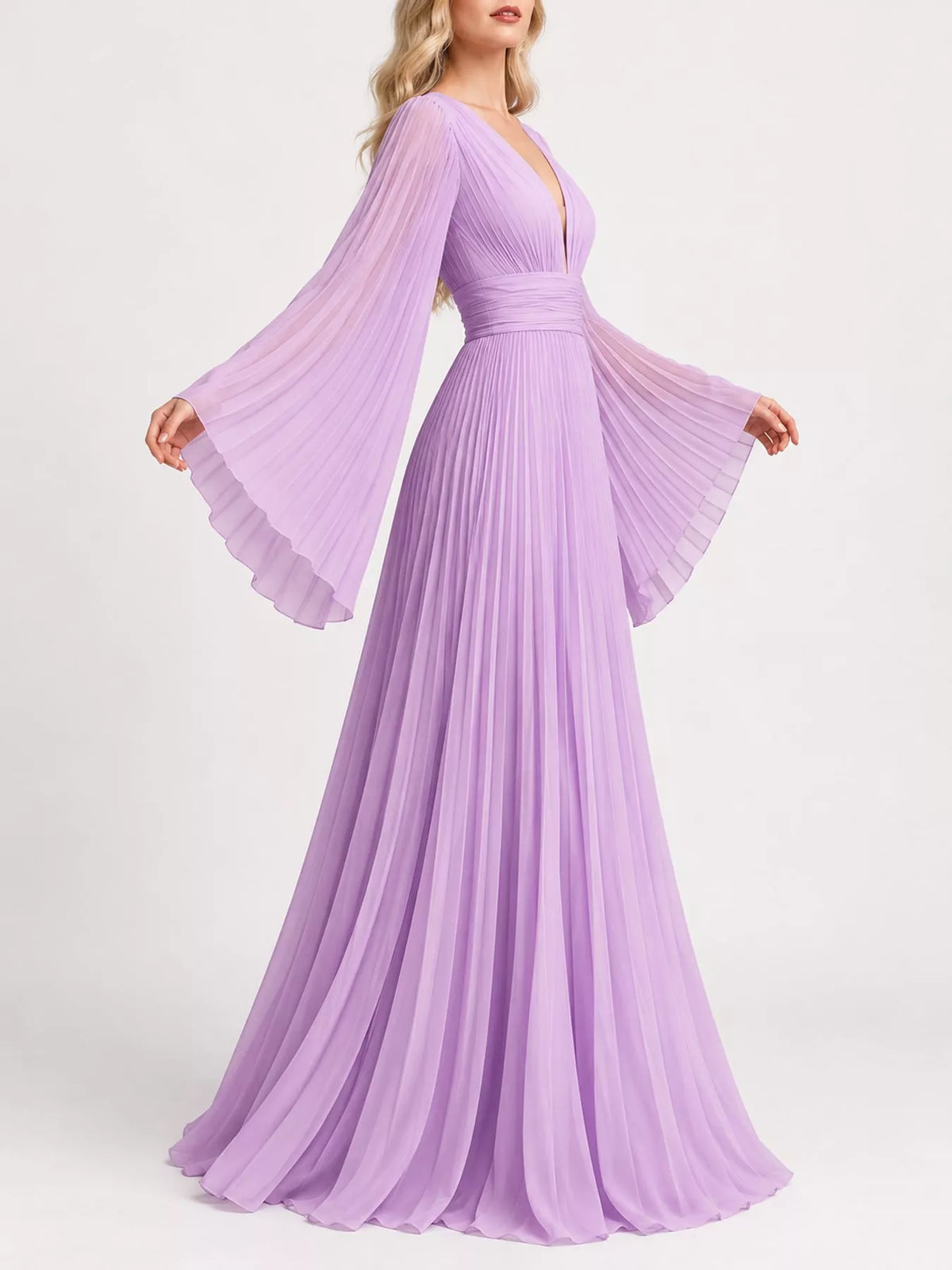 Sheer Pleated V-Neck Maxi Dress