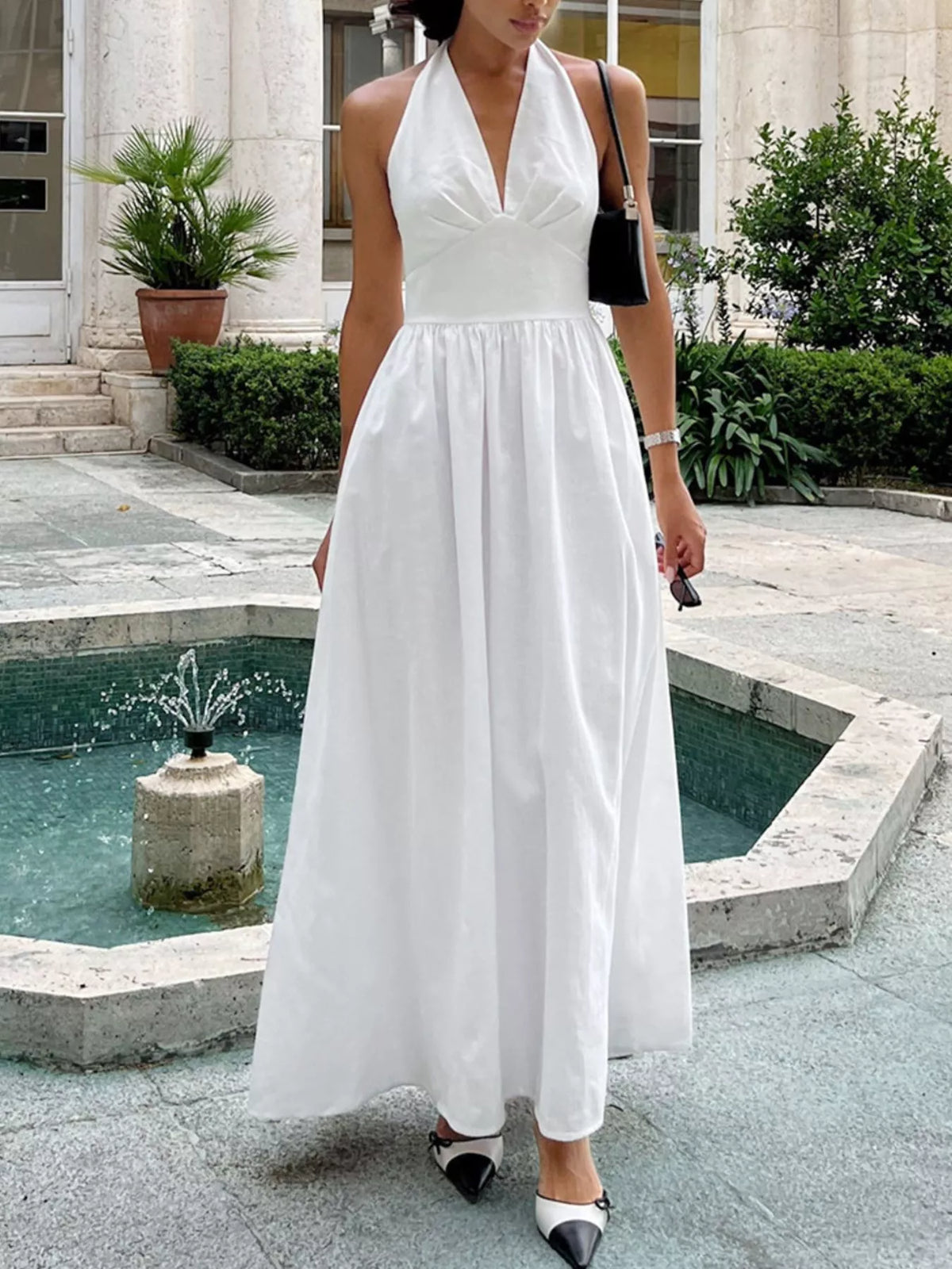 Halter Neck Flowy Maxi Dress in White by Calliope