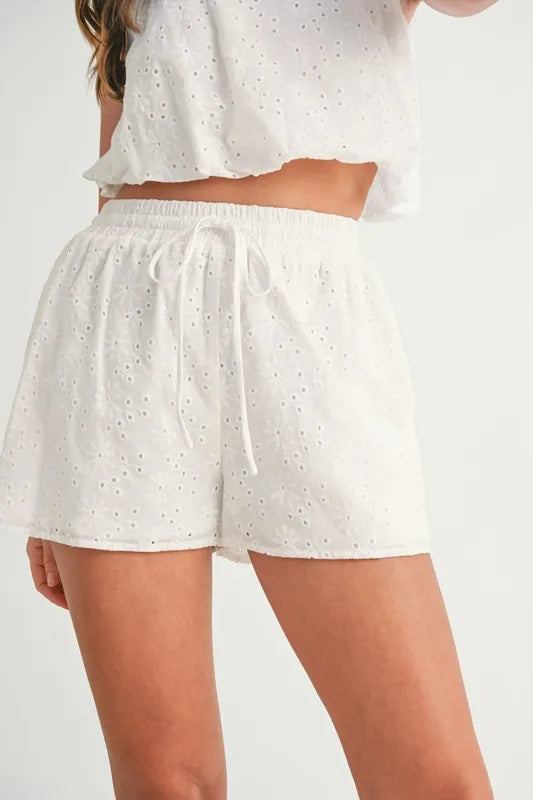 Eyelet Bubble Hem Top and Shorts Set in Off White