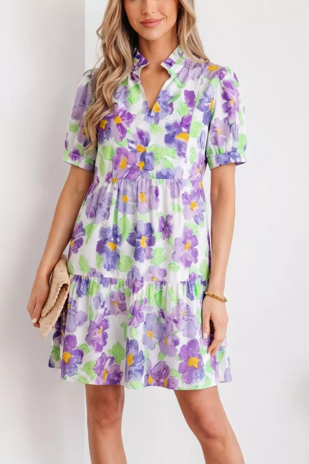 Floral Tiered Ruffle Mini Dress in Lilac