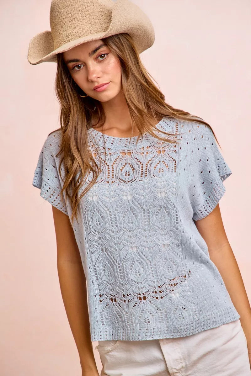 Washed Ice Blue Eyelet Knit Top by BiBi