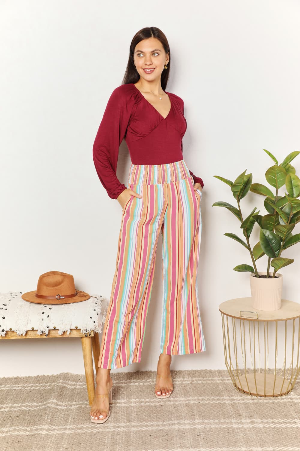 Double Take Striped Smocked Waist Pants with Pockets in Multicolor