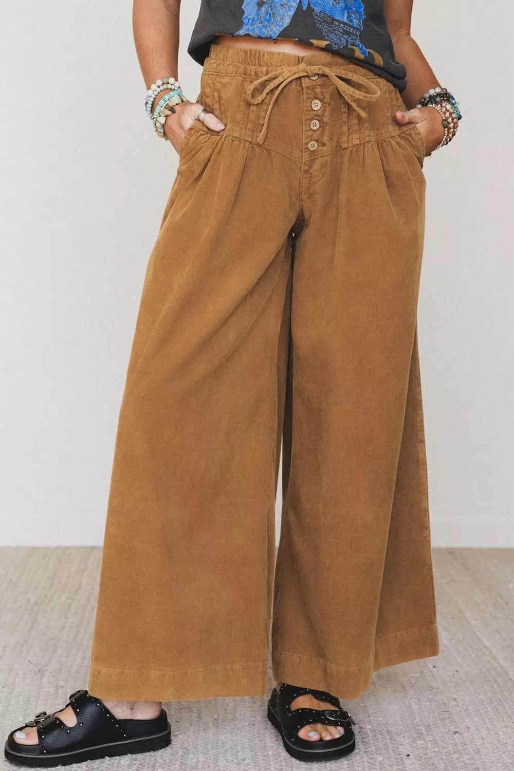 Button-Placket Wide Leg Ankle Pants in Camel
