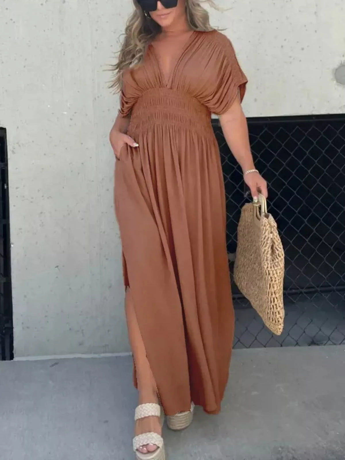 Smocked Waist V-Neck Slit Maxi Dress