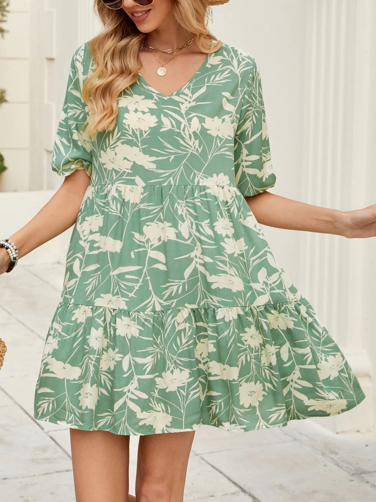 Ruffle-Hem V-Neck Mini Dress in Green