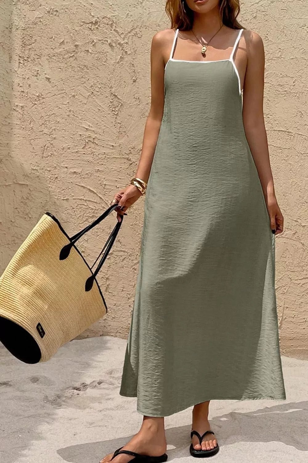 Spaghetti Strap Contrast Trim Maxi Dress in Matcha Green