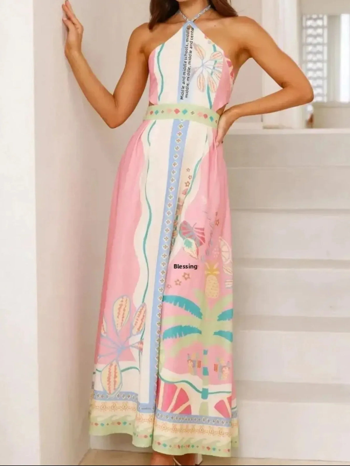 Halter Neck Printed Backless Maxi Dress in Blush Pink