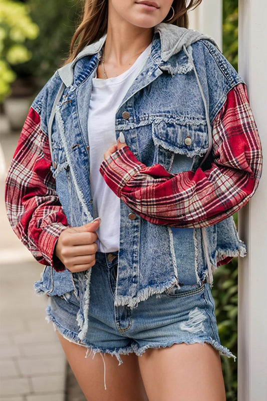 Raw Hem Drawstring Plaid Denim Jacket in Medium