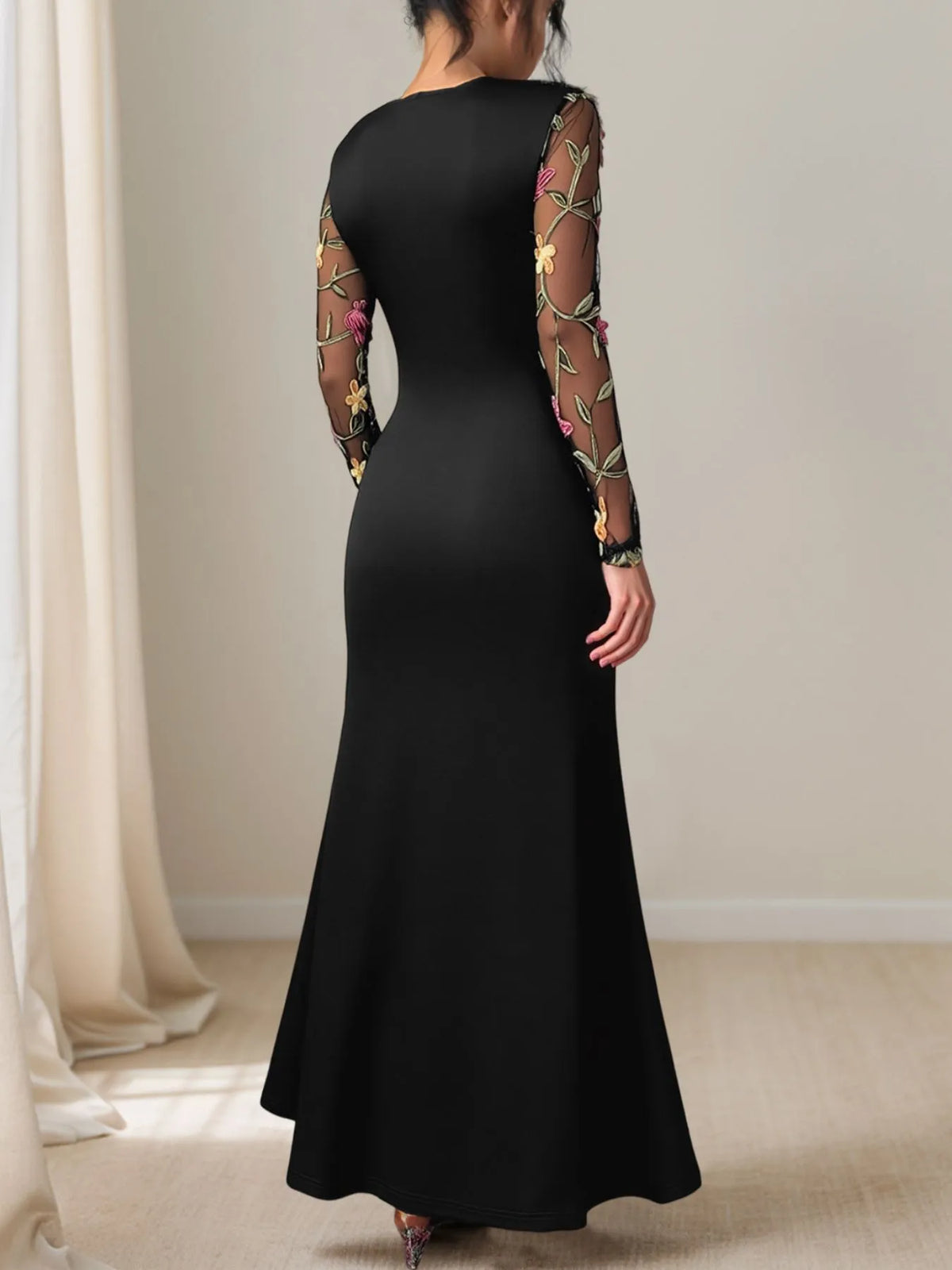 Floral Mesh Sleeve Ruched Maxi Dress in Black
