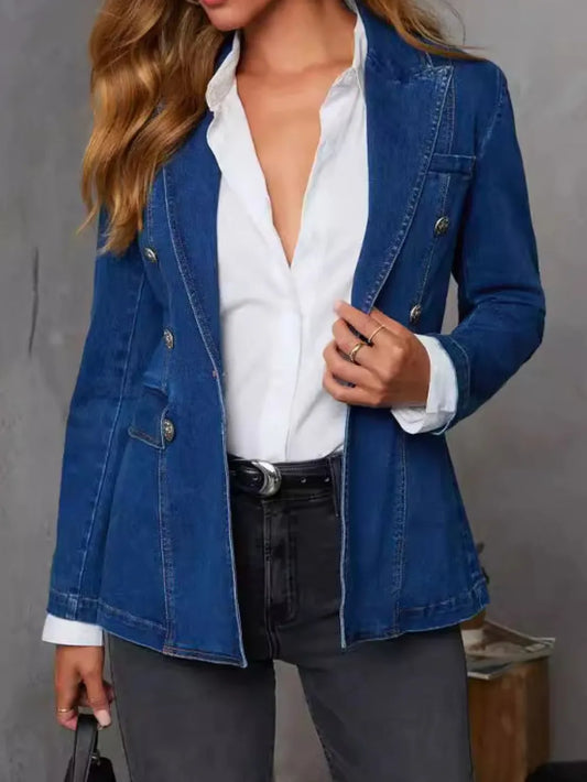 Collared Long-Sleeve Denim Jacket in Dark Wash by Y.Y@Denim