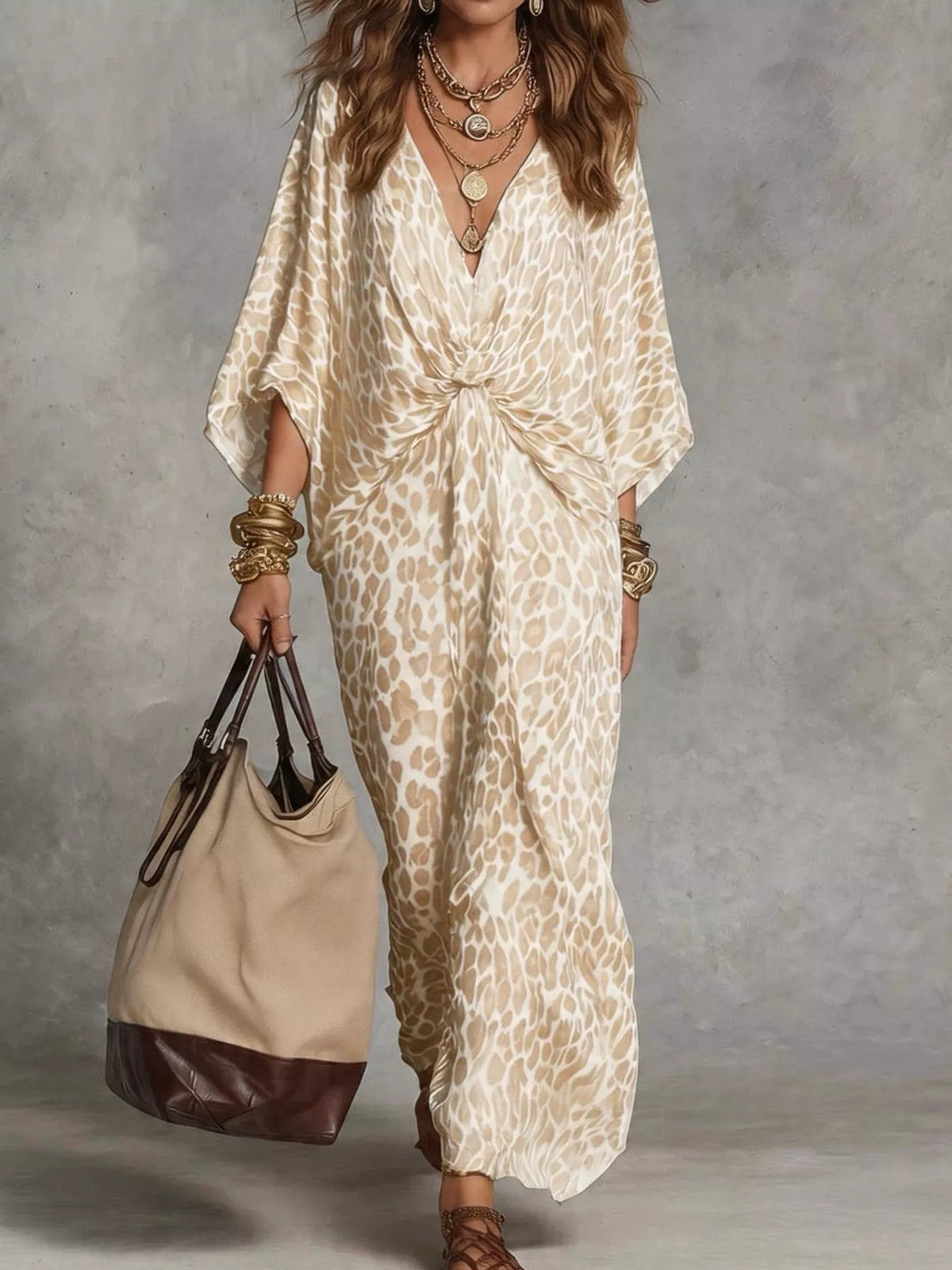 Leopard Print Twisted V-Neck Maxi Dress