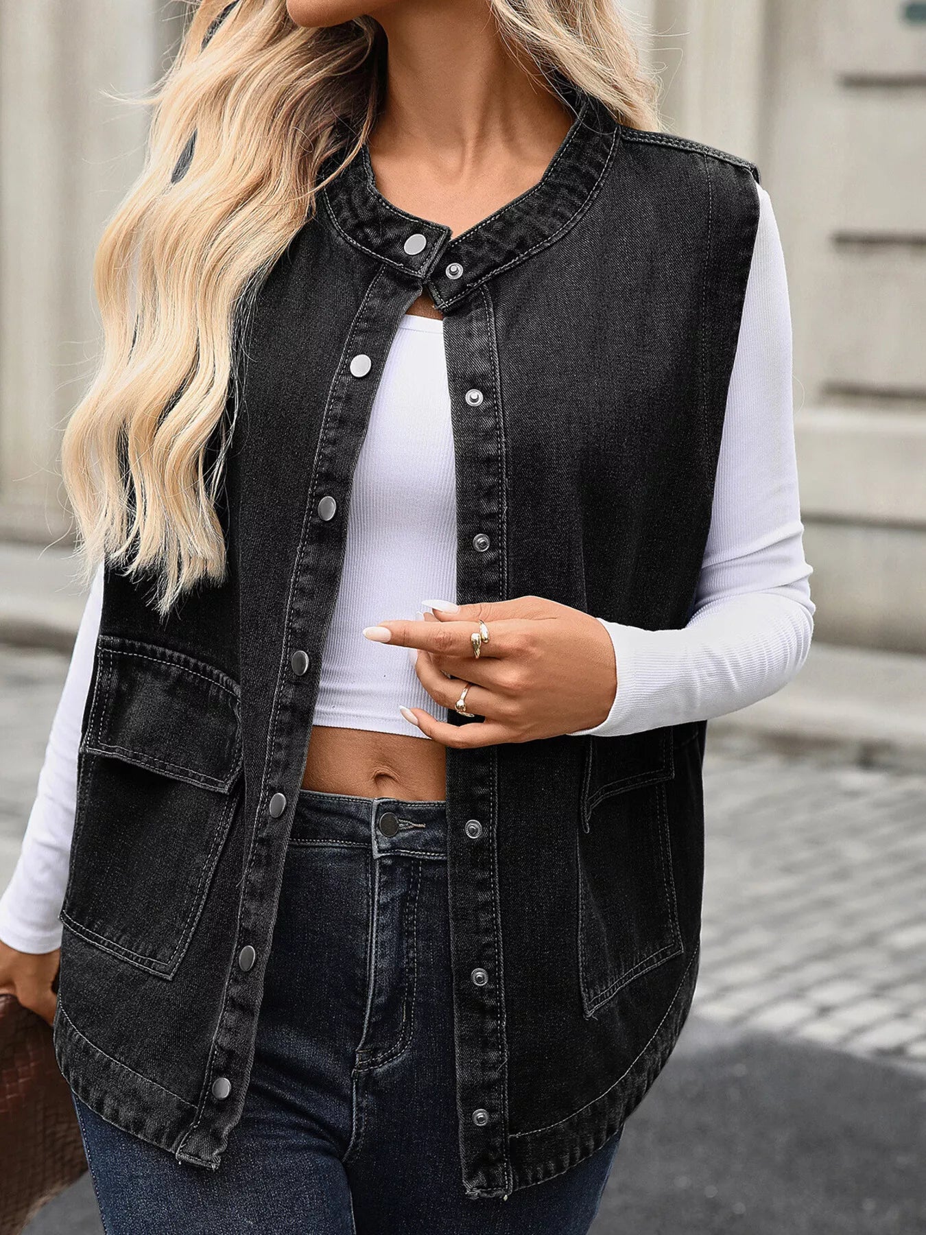 Snap-Down Sleeveless Denim Jacket by Moni Wear